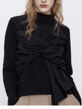 ZARA Black Bow Front Sweatshirt Women Size S Statement Tie Long Sleeve Top